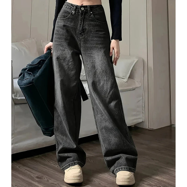 Women Loose Jeans Female High Waist Streetwear Designer Wide Leg Trousers Female Classic Gray Goth Straight Leg Pants