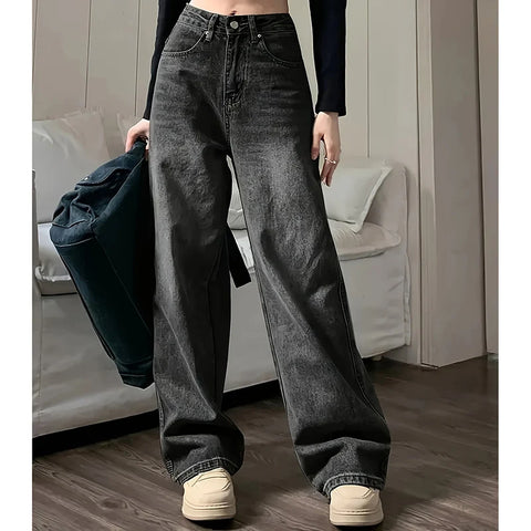 Women Loose Jeans Female High Waist Streetwear Designer Wide Leg Trousers Female Classic Gray Goth Straight Leg Pants
