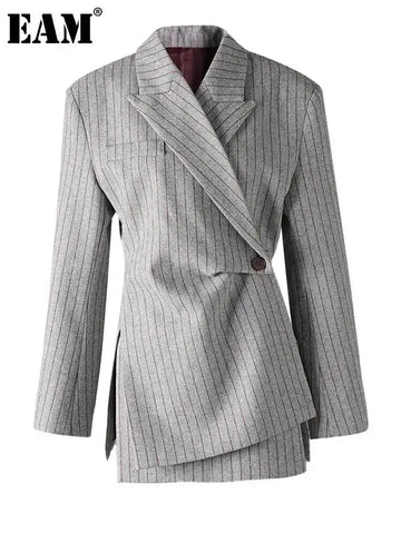 Women Gray Striped Irregular Pleated Elegant Blazer Lapel Long Sleeve Jacket Tide Spring Autumn CPDB342