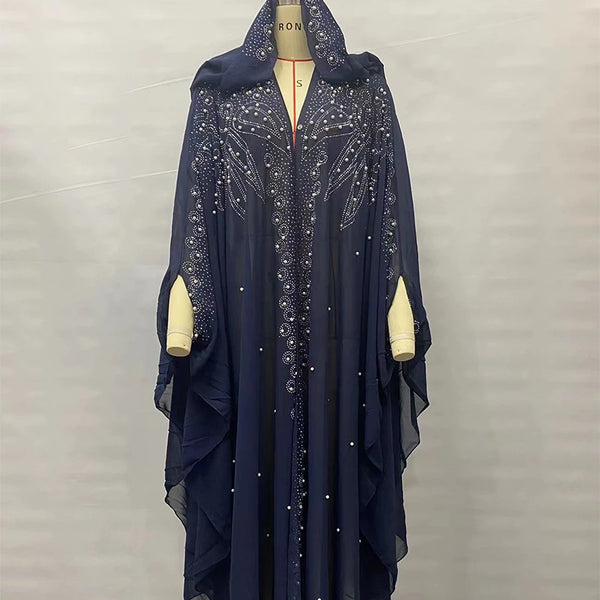 Middle East Africa Muslim Long Robe Vintage Diamond Bead Shoulder Cover Hooded Cloak Dress Bat Sleeve Women's Dress