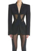 Women Blazer Notched Collar Full Sleeve Hidden Breasted Lace Patchwork Waist Black Jacket Autumn 17A8211
