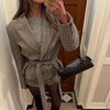 Women Checked Lapel Jacket Shorts Set Long Sleeve Buttons Belt Pocket Loose Blazer Suit Lady Office Commute Outfit