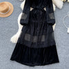 French Vintage Lace Embroidery Patchwork Velvet Dress Women Long Lantern Sleeve Pearl Buttons Lace Up Wedding Party Prom Vestido
