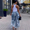 Daily Blue Pocket Ruched Frayed Trim Casual Contrast Denim Jeans High Street Vintage Casual Asymmetric Denim Trousers for Women