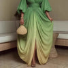 Women Gradient Evening Maxi Dress Deep V-Neck Puff Sleeve Bodycon Ruched Waist Flowy Slit Elegant Occasion Gown Party Dresses