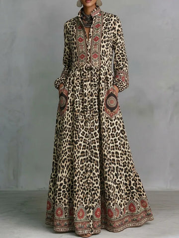 Vintage Ethnic Printed Leopard Maxi Dresses Women Long Sleeves High Waist Elegant Evening Stand Collar Shirt Dress