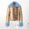 Deer Print Faux Fur Cropped Jackets Women Blue Contrast Lapel Cuff Button Fluffy Warm Short Coat Lady Winter Street Outwear