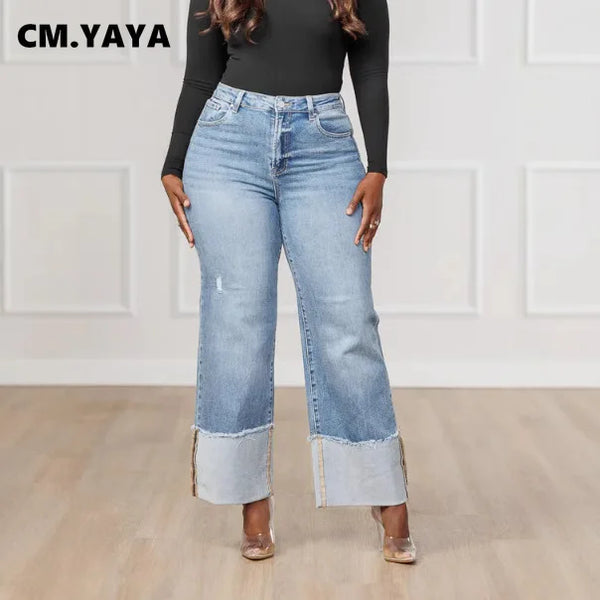 Women Streetwear Straight Washed Denim Patchwork Wide Leg Jeans Pants Spring Ripped Out Party Trousers