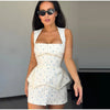 Women's White Floral Print Puff Sleeve Dress With Waistband Satin Ruffled Hem Maxi Dress Lady Elegant Party Robes