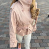 Women's Pink Belted Jacket Stand Collar Double Breasted Long Sleeve Slim Trench Coat Casual High Street Jackets