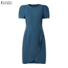 Women Elegant Bodycon Party Dresses O-Neck Short Puff Sleeve Ruffled Trim Detail Knee-Length Dress Woman Clothes