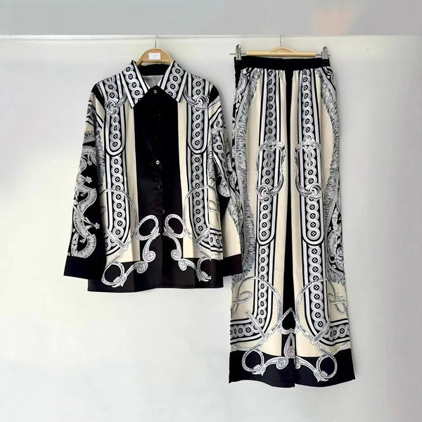 Women's Clothing Retro Geometric Printed Shirt Two-piece Set High Waist Wide Leg Trousers Set Set