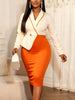 Women Elegant Color Block Elegant Dresses Turn Down Collar Long Sleeves Asymmetric Hem High Waist Slim Party Office Lady Gowns