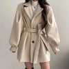 Women Woolen Coat Cinched-Waist Autumn Winter Tweed Sashes Lantern Sleeve Solid Color Coat Women's Clothing