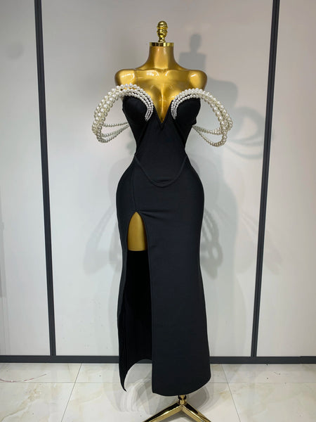 Women Designer Pearls V Neck Maxi Long Bandage Bodycon Dress Celebrity Evening Party Birthday Gowns Singer Stage Costumes