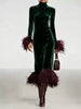 Elegant Feather Splicing Slim Long Dress Women's Casual Temperament Velvet Dresses Stand Collar Solid Color Gowns Dress