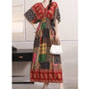 Women Bohemian Ethnic Printed Holiday Dress V-Neck Elastic Waist Casual Batswing Sleeve Mid Dress Elegant Vintage Retro Dress