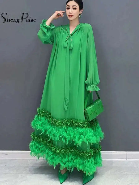 Autumn Dress For Women Fashinon Chiffon Long Sleeved Artificial Feathers Elegant Female Dresses 5R9799