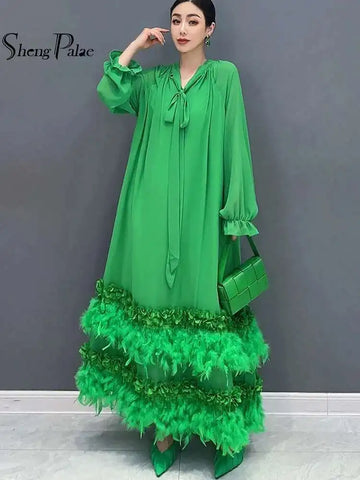 Autumn Dress For Women Fashinon Chiffon Long Sleeved Artificial Feathers Elegant Female Dresses 5R9799