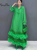 Autumn Dress For Women Fashinon Chiffon Long Sleeved Artificial Feathers Elegant Female Dresses 5R9799