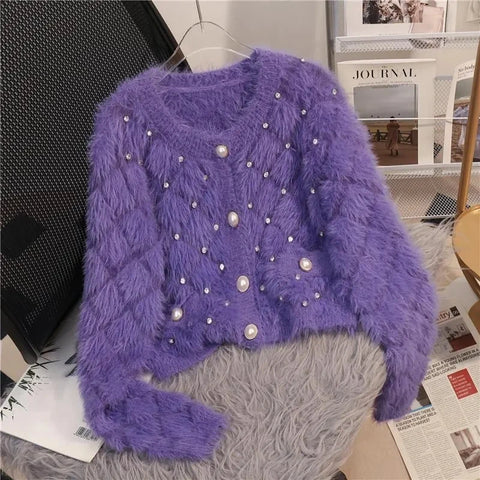 Bead Imitation Mink Sweater Jacket Women Autumn Winter Japanese Sweater Long Sleeved Knitt Cardigan Coat Female