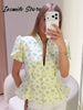 Elegant Printed Waist Cinched Women's Jackets Stand Collar Single Breasted Bubble Sleeve Blouses Summer Lady Commute Tops
