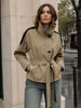 Women Cropped Trench Coat Faux Leather Spliced Epaulets Belted Waist Loose Fit Khaki Short Jacket Vintage Ladies Outerwear