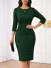 Womens Elegant Round Neck 2/3 Sleeve Work Office Knee Length Solid Business Casual Party Ruched Pencil Bodycon Sheath Dress