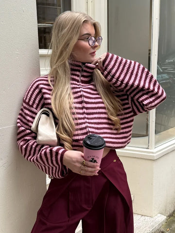 Knitted Stripe Zipper Jacket For Women Spring Chic Long Sleeve Sweater Coats Street Lady Casual Stand Collar Outerwear