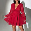 Sexy V-Neck Short Dress Plus Size Solid Polka Dot Long-Sleeve American Slim A-Line Skirt Elegant Party Women's Evening Dress