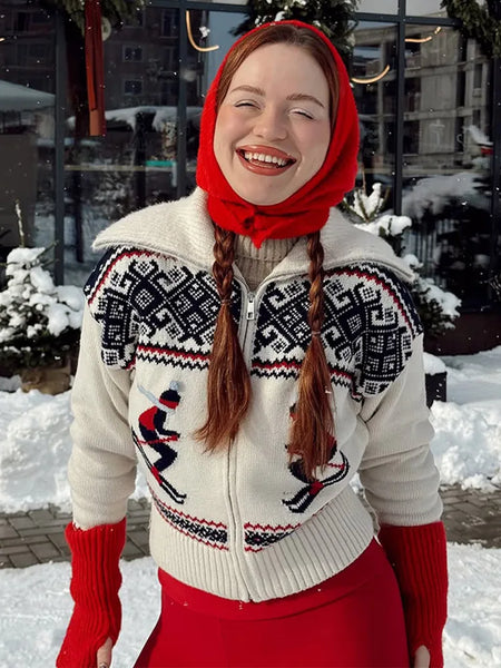 Contrast Skiing Jacquard Sweater For Women Elegant Long Sleeve Zipper Knitted Cardigan Jackets Street Lady Chic Outerwear