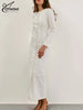 Elegant White O-Neck Womens Dresses Wrist Sleeve Single Breasted Dresses Casual High Waisted Ankle-Length Dress