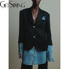 gestring Women Blazer Autumn Denim Stitched Single Breasted Ladies Black Blazer Coat Women's Long Suit Jacket