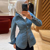 Women's Denim Lace Up Jacket Lapel Neck Waist Cinching Button Front Long Sleeve Coat Spring Femlae Casual Daily Outerwear