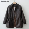 Autumn Winter Pu Leather Jacket For Women Solid Full Sleeve Elastic Adjustable Waist Coat Lady Casual Outwears