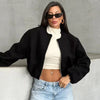 Women's Cropped Loose Jackets Red Grey Off White Black Outerwear Oversized Zip Up Long Sleeve Top Chic Bomber Baseball Coat