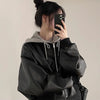 Autumn Winter Cool Black Hooded Leather Jacket Women Streetwear Y2K Fake Two Pieces Short Coat Korean PU Leather Outwear