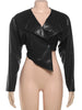 Faux Leather Crop Jacket Women Cross Neck Hipster Single Button Irregular Fall Wild Basic Sexy Streetwear Coat
