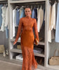 Women Lace Overlay Satin Maxi Skirt Long Sleeve Slim Fit Sheer Mermaid Hem Party Dress Formal Evening Date Activity Gown