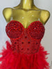 Stock Women Sexy Sparkly Rhinestone Mesh Feather Long Dress Elegant Evening Party Celebrate Birthday Performance Costume