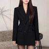 Lengthen Black Blazers Women Elegant Temperament Double-Breasted Suit Jacket Korean Chic Office Lady OL Lapel Outerwear