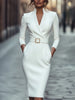 Elegant Party Prom Dress For Woman Spring Autumn V-neck High Waist Long Sleeves Mid-length Dresses Ladies Solid Vestidos