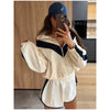 Contrasting Color Loose Jackets Women Casual Long Sleeves Stand Collar Zipper Oversized Coats Lady Autumn Daily Street Wear