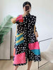 Pleated Contrast Color Leopard Printed Dress Stand Neck Single Breasted Mid-length Dresses Women Party Clothing 2Q1027