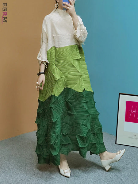 Diamond Pleated Maxi Dress for Women Full Sleeves Color Block Fold Turtleneck Loose Dresses Autumn 8GR2395