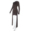 Knitted Turtleneck Ribbons Ruched Women Dress Brown Long Sleeve High Waist Dress Autumn Slim Elegant Party Club Dress