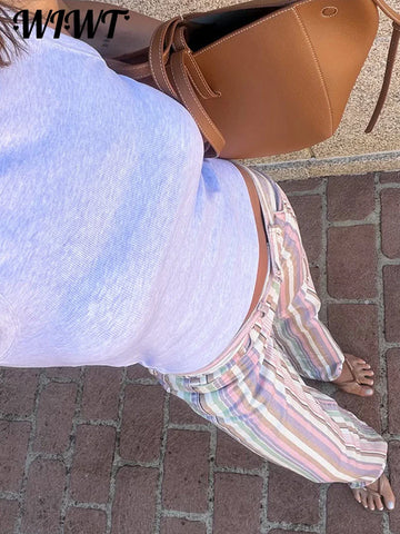 Colorful Striped Jeans Women's Long Pants Female High Street Low-waisted Pockets Denim Trousers Women's Holiday Outwear