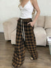 Plaid Pants for Women, High Waist Drawstring Wide Leg Trousers, Casual Streetwear Lounge Pants