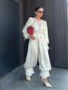 Women Pant Set Satin Lace Round Neck Puff Long Sleeve Button Front Drawstring Waist Blouse Cuffed Ruffle Hem Pants Elegant Suit