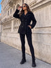Women Black Belted Double Breasted Coat High Neck Long Sleeve Tailored Fit Elegant Jacket Winter Office Casual Outerwears